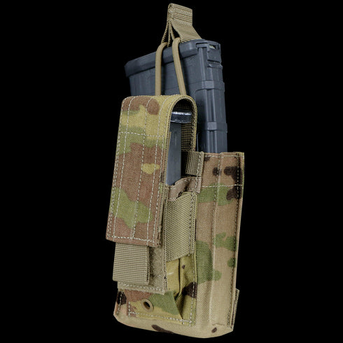 The Condor Single Kangaroo Mag Pouch Gen II in Scorpion OCP securely holds a black rifle magazine with a strap, featuring a camouflage design.